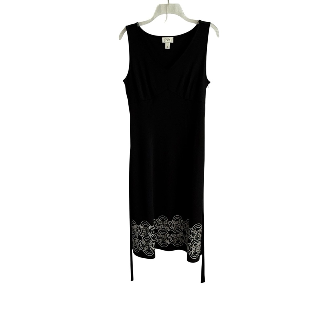 LOFT Ann Taylor Black Embroidered Midi Sleeveless Dress V-Neck Waist Tie Size 10 - Picture 5 of 13